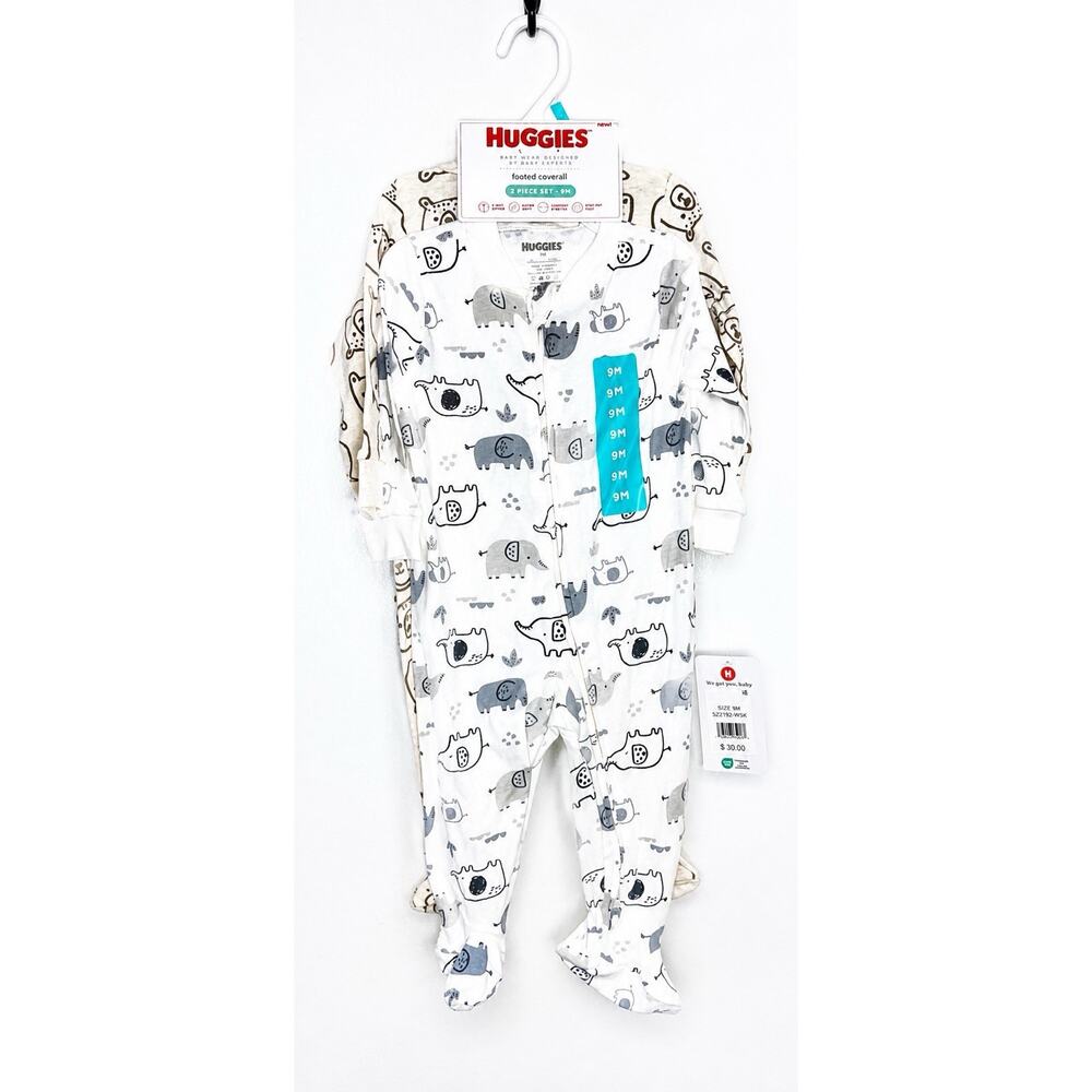 Huggies Baby Footed Coverall 2 Piece Set 9M Animal Print Zip Pajamas NWT
